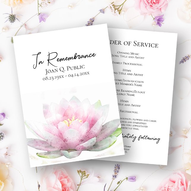 Pink Water Lily Funeral Memorial Service Programme (Creator Uploaded)