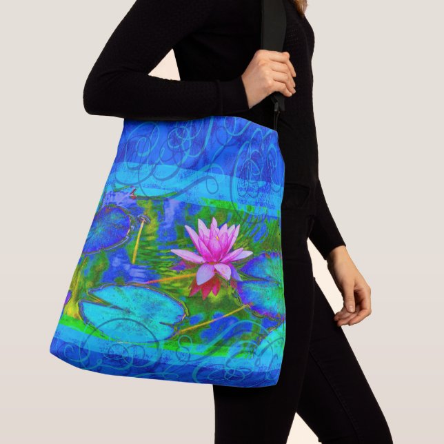 Pink Water Lily in a Cobalt Blue Pond Crossbody Bag (Close Up)