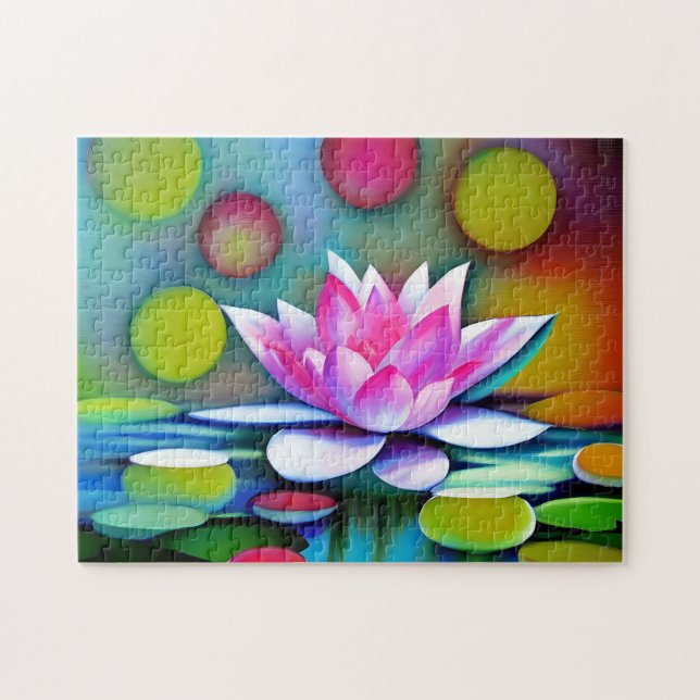 Pink water lily in a pond jigsaw puzzle (Horizontal)