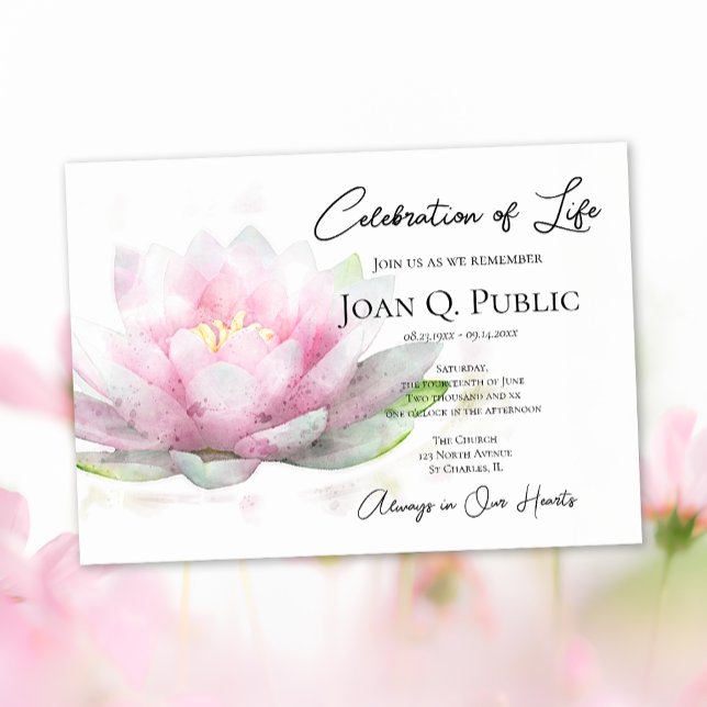 Pink Water Lily Watercolor Celebration of Life Invitation (Creator Uploaded)