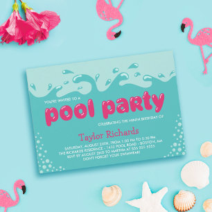 Pink Water Splashes - Kids Birthday Pool Party Invitation