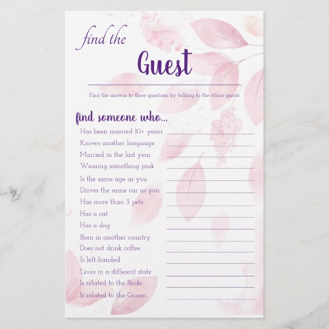 Pink Watercolo Leaves Find the Guest Game Card (Front)