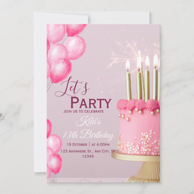Pink Watercolor 13th Birthday Invite (Front)