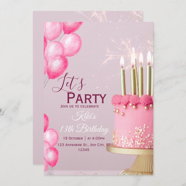Pink Watercolor 13th Birthday Invite (Front/Back)