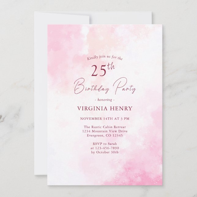  Pink Watercolor 25th Birthday Invitation (Front)