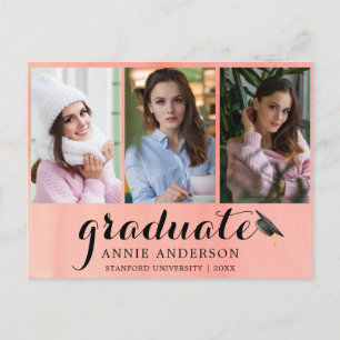 Pink Watercolor 3 Photo Graduation Invitation Postcard