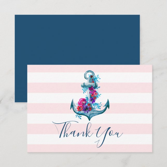 Pink Watercolor Anchor Wedding Thank You  Card (Front/Back)