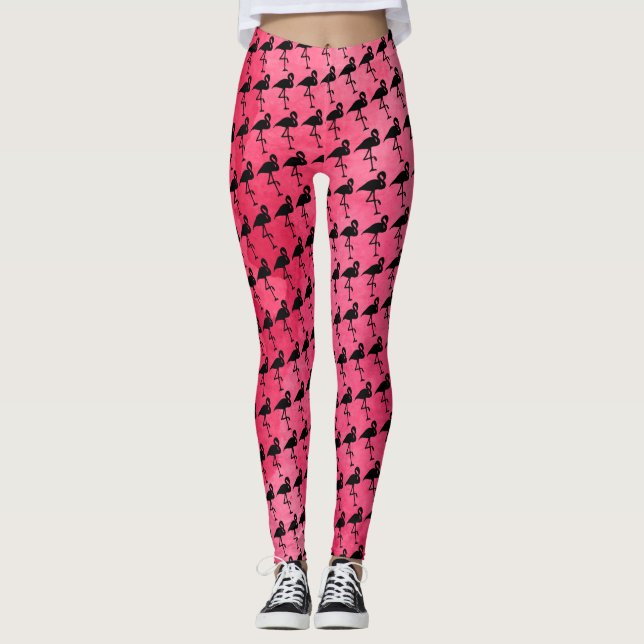 Pink Watercolor and Black Flamingo Leggings (Front)