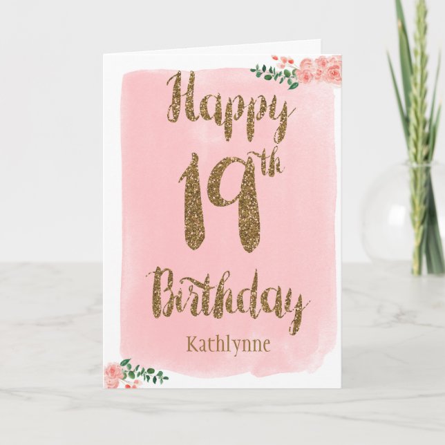 Pink Watercolor and Gold Glitter 19th Birthday Card (Front)