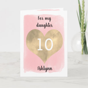 Pink Watercolor and Gold Heart 10th Birthday Card