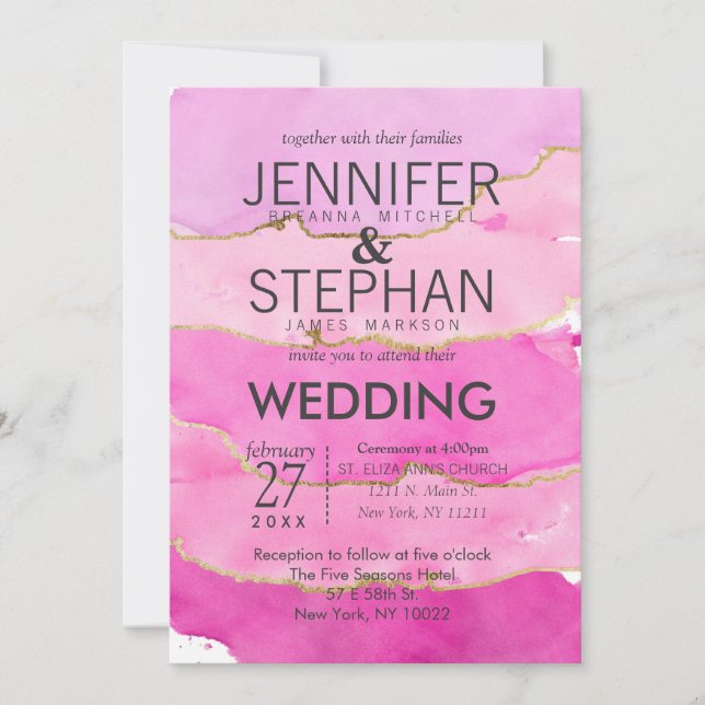 Pink Watercolor and Gold Wedding Invitations (Front)