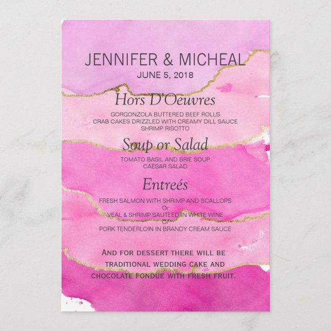 Pink Watercolor and Gold Wedding Menu (Front)