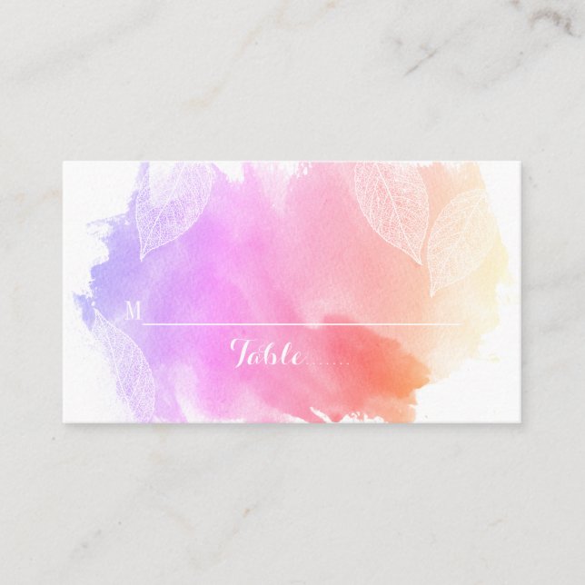 Pink watercolor and leaves wedding place card (Front)