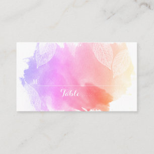 Pink watercolor and leaves wedding place card