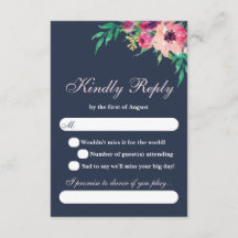 Pink Watercolor and Navy Floral Wedding RSVP Card