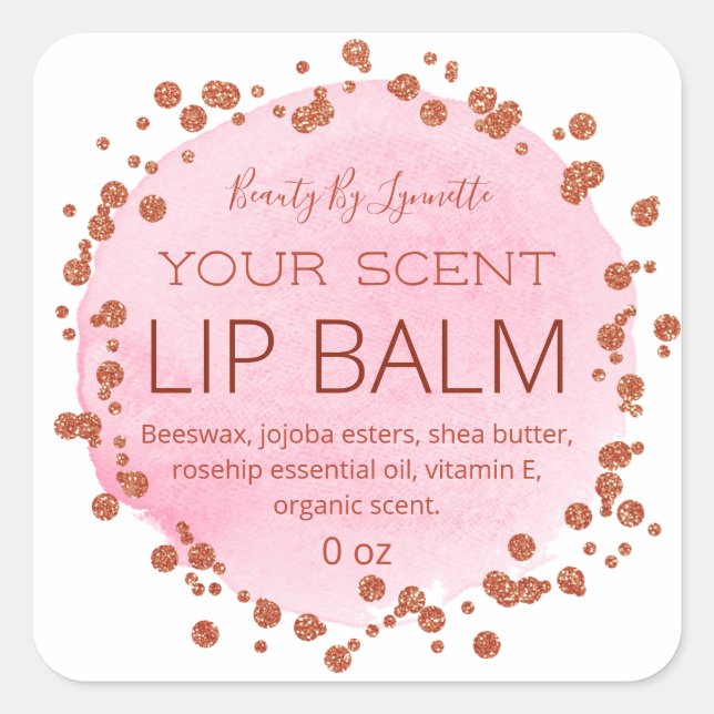 Pink Watercolor And Rose Gold Dots Lip Balm Labels (Front)