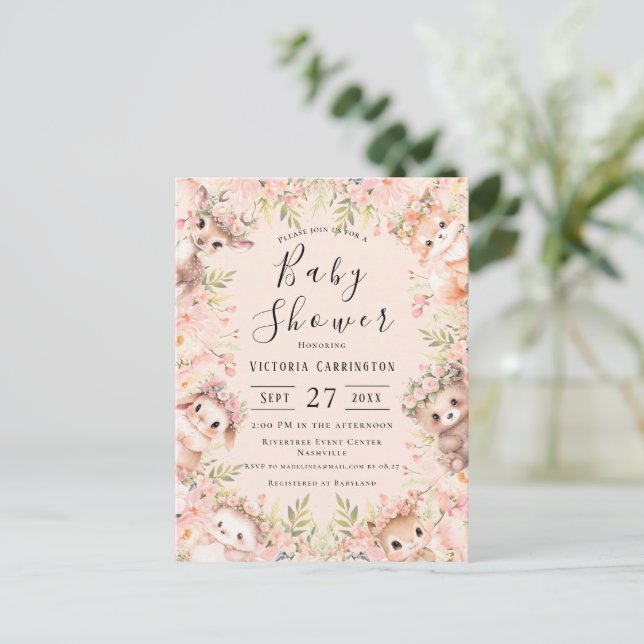 Pink Watercolor Animals Budget Baby Shower Postcard (Standing Front)