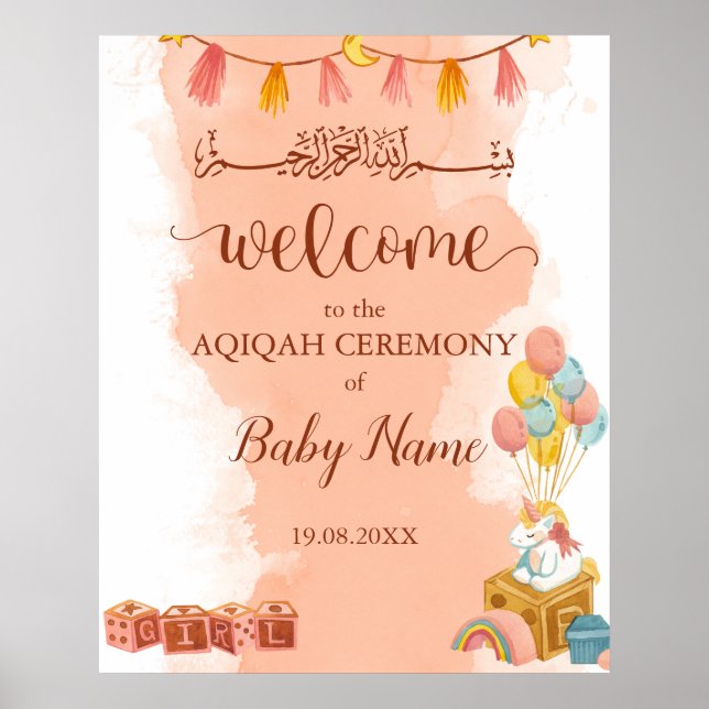 Pink Watercolor Aqiqah Aqeeqah Poster Sign (Front)