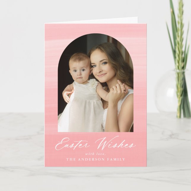 Pink Watercolor Arch 2 Photo Easter Wishes Holiday Card (Front)