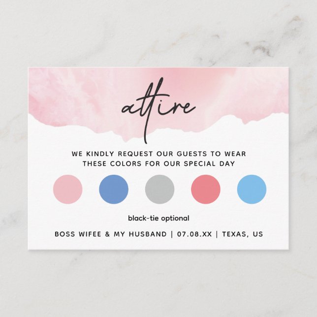 Pink Watercolor attire dress code card (Front)