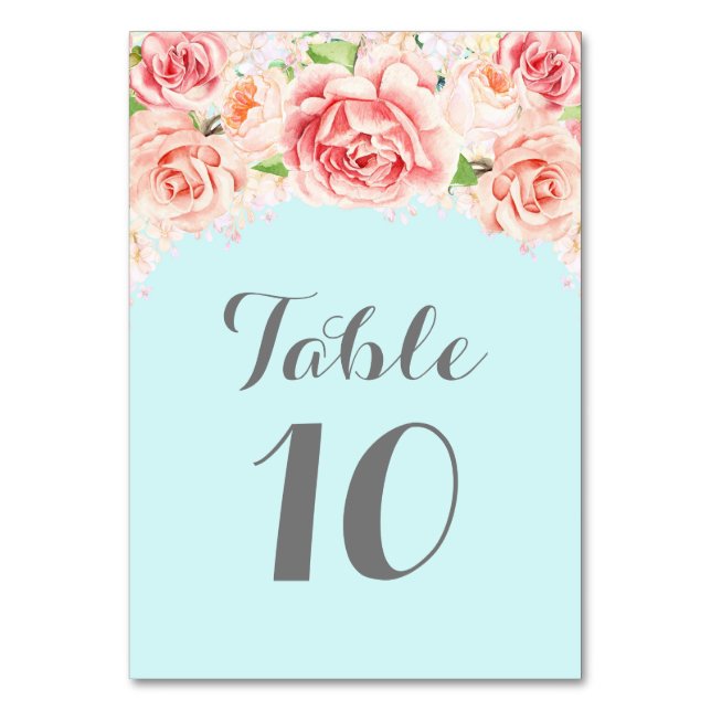 Pink Watercolor Baby Blue Table Number Cards (Front)