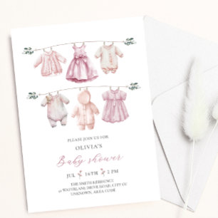 Pink Watercolor Baby Clothes Girl Baby Shower Invitation