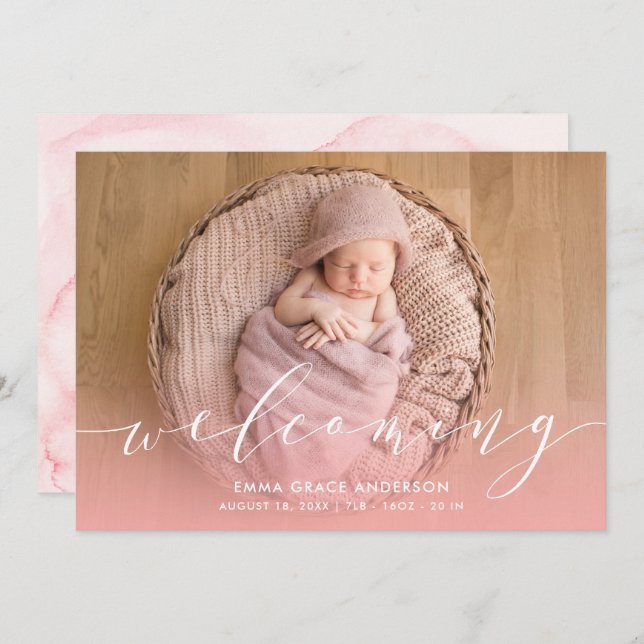 Pink Watercolor Baby Girl Birth Announcements (Front/Back)