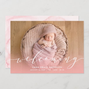 Pink Watercolor Baby Girl Birth Announcements