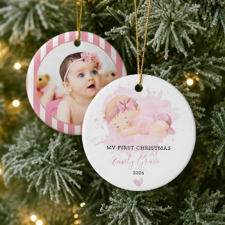 Pink Watercolor Baby Girl Custom Photo Ceramic Tree Decoration