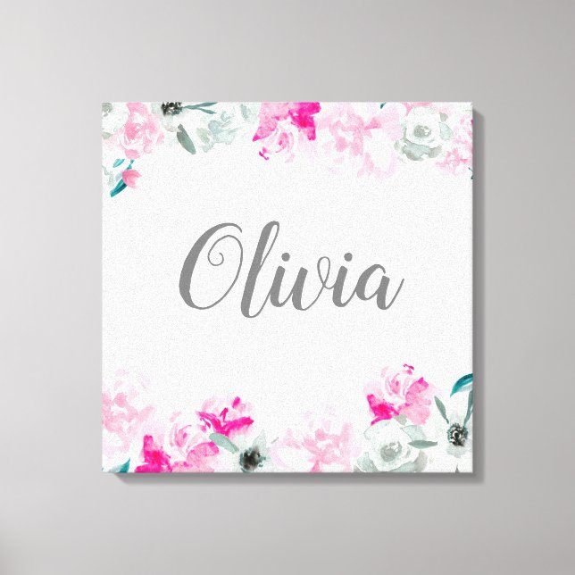Pink Watercolor Baby Girl name floral wall art (Front)