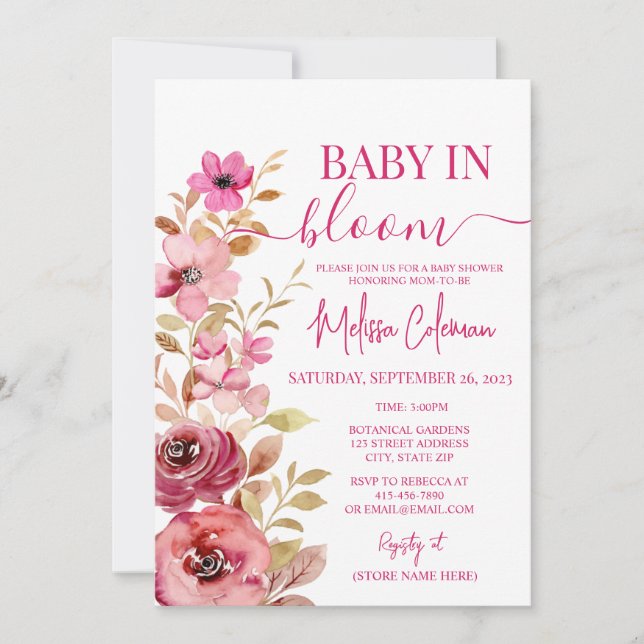 Pink Watercolor Baby In Bloom Baby Shower  Invitation (Front)