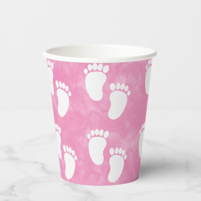 Pink Watercolor Baby Shower Footprint Pattern Paper Cups (Front)