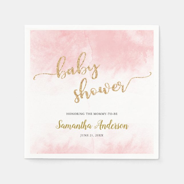 Pink Watercolor Baby Shower Gold Glitter Script Napkin (Front)