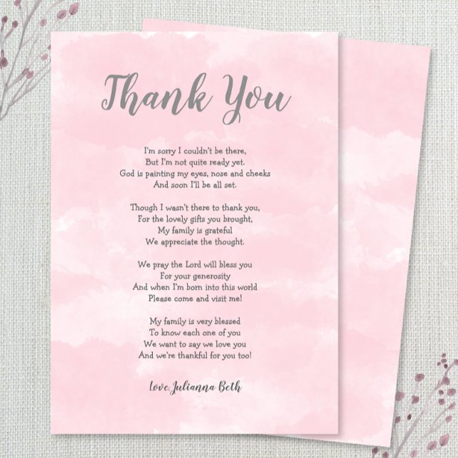 Pink watercolor Baby Shower Thank you note + poem Card (Creator Uploaded)