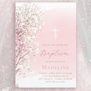 pink watercolor baby's breath   Baptism baby girl  Invitation