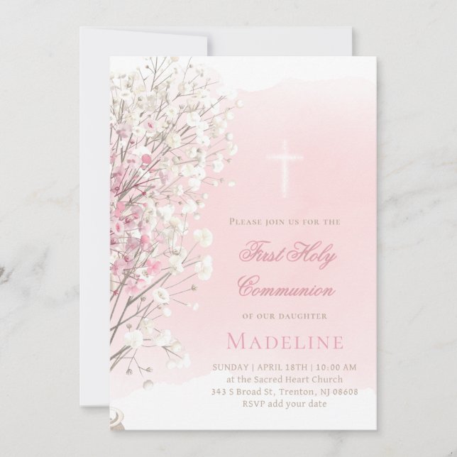 pink watercolor baby's breath |  First Communion Invitation (Front)