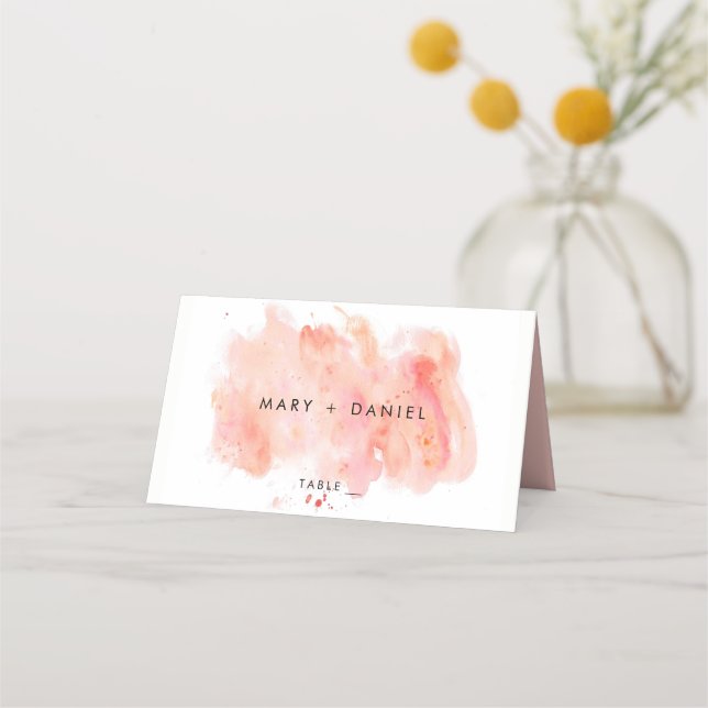 Pink Watercolor Background Wedding Place Card (Front)