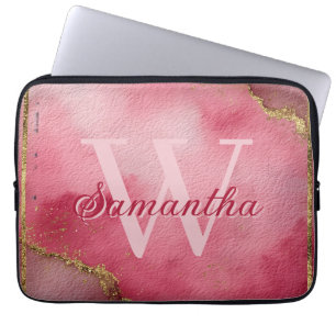 Pink Watercolor Background with Gold Glitter Laptop Sleeve