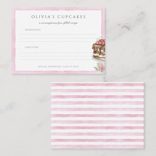Pink Watercolor Baking Birthday Bash Recipe Card (Front/Back)