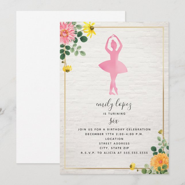 Pink Watercolor Ballerina Brick Floral Birthday Invitation (Front/Back)