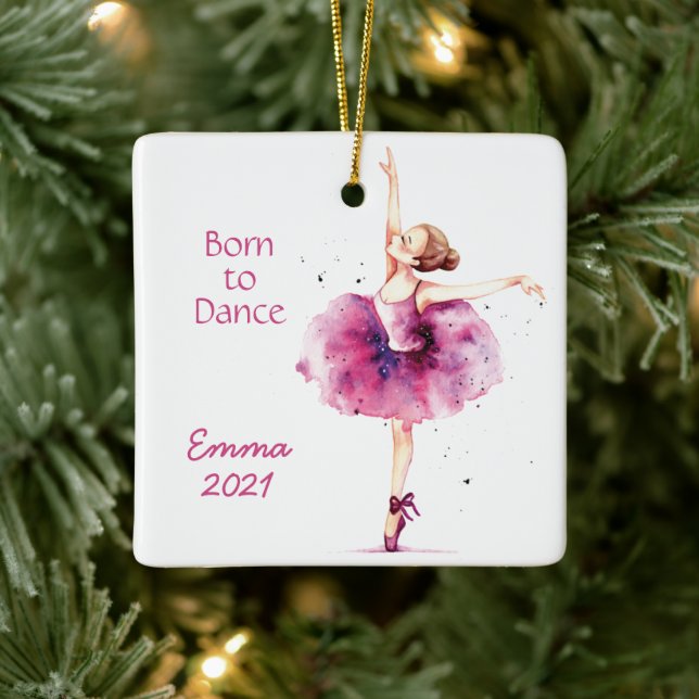 Pink Watercolor Ballerina Ceramic Ornament (Tree)