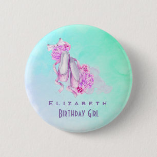 Pink Watercolor Ballet Shoes Birthday Girl 6 Cm Round Badge