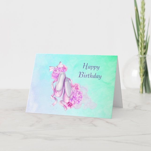 Pink Watercolor Ballet Shoes Happy Birthday Card (Front)