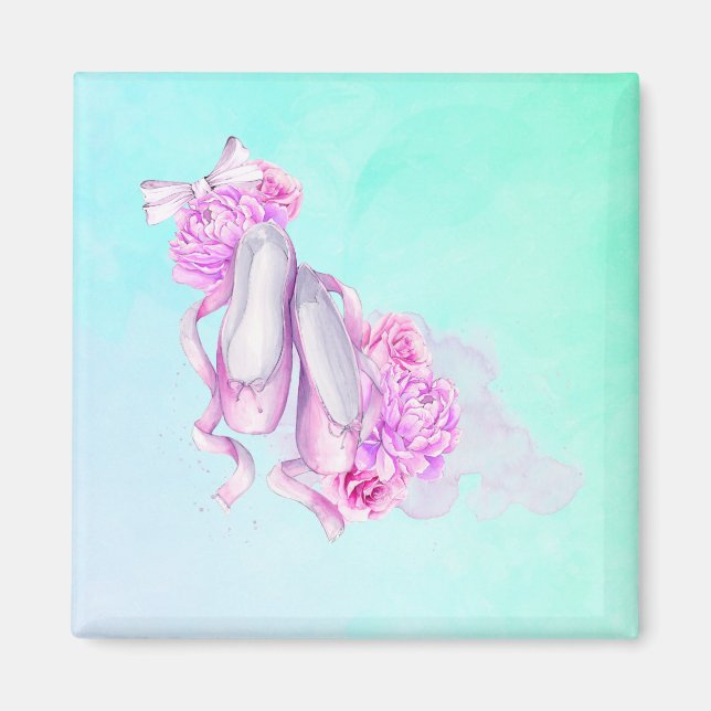 Pink Watercolor Ballet Shoes with Peonies and Bow Magnet (Front)