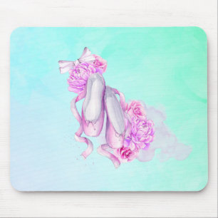 Pink Watercolor Ballet Shoes with Peonies and Bow Mouse Mat