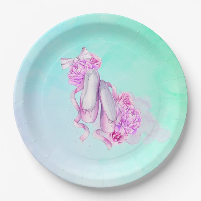 Pink Watercolor Ballet Shoes with Peonies and Bow Paper Plate (Front)
