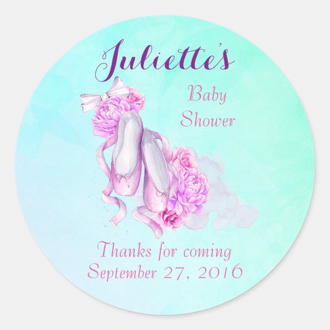 Pink Watercolor Ballet Slippers Baby Shower Classic Round Sticker (Front)