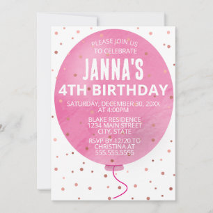 Pink Watercolor Balloon Birthday Party Invitation