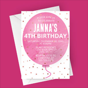 Pink Watercolor Balloon Birthday Party Invitation