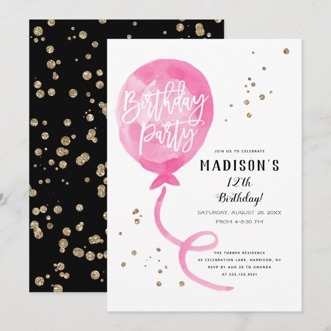 Pink Watercolor Balloon Gold Confetti Birthday Invitation (Front/Back)